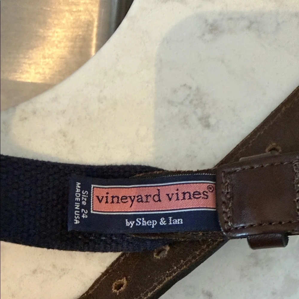Vineyard Vines Navy and Brown Kids Belt with Gold Buckle